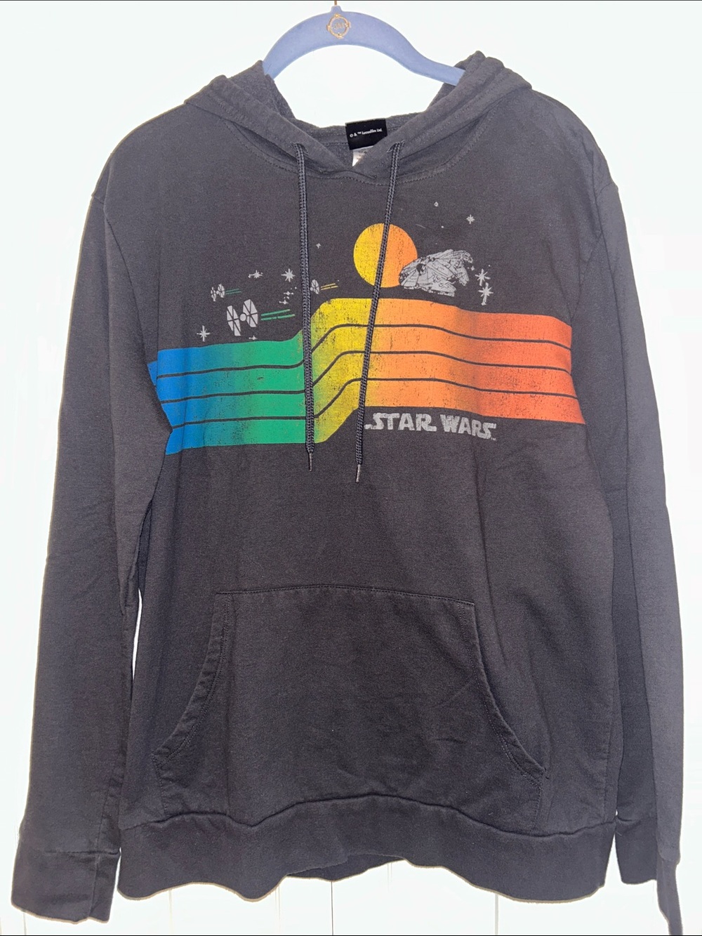 Star Wars Black Hoodie with Retro Rainbow Stripe and Millennium Falcon Medium